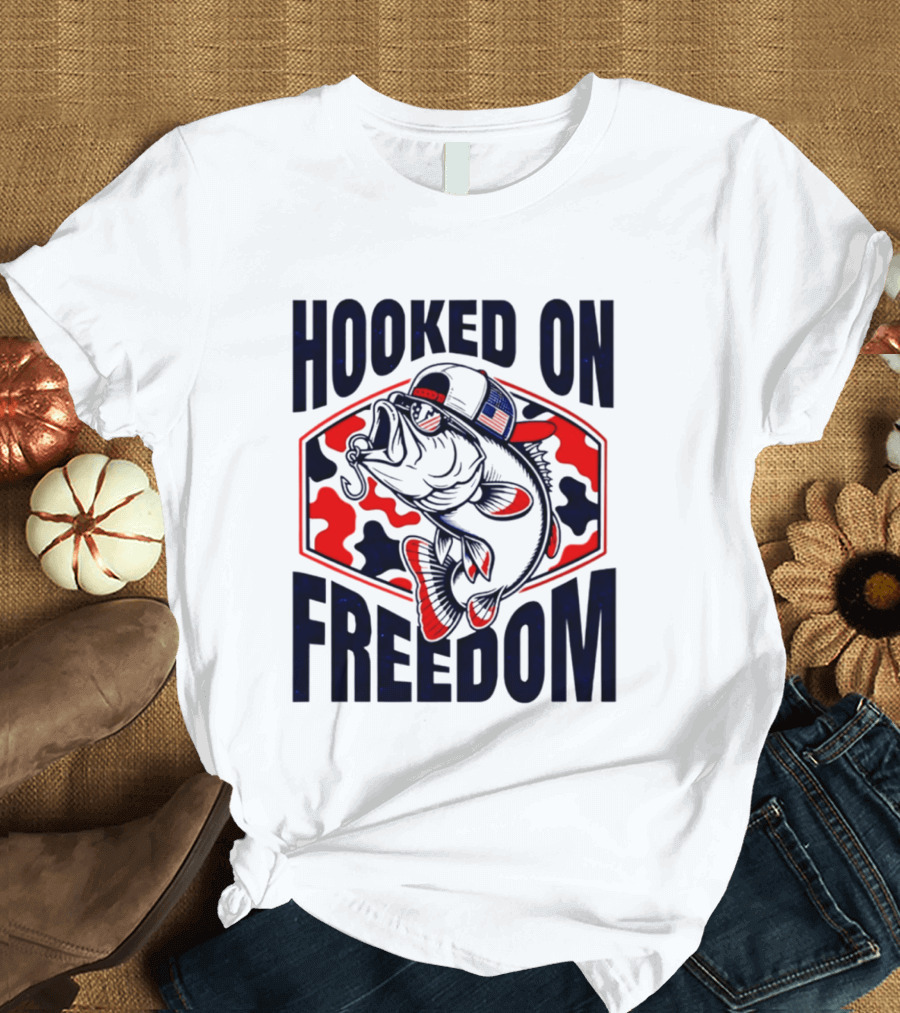 Hooked On Freedom Patriotic Fish Camo Hat T-Shirt