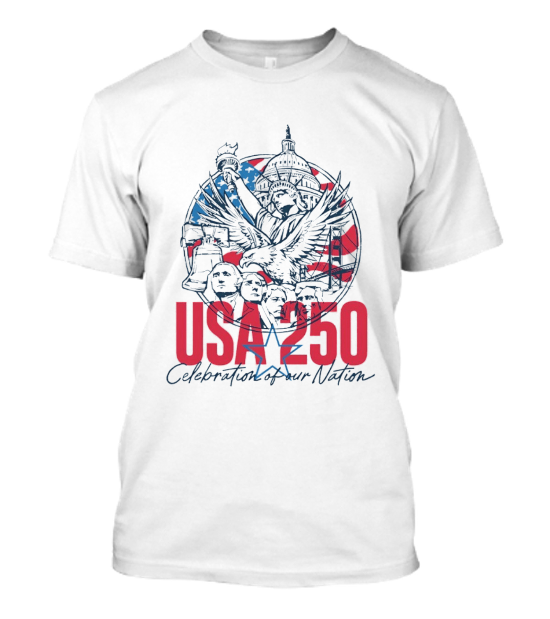 USA 250 Celebration Of Our Nation Symbols Liberty Capitol Eagle Mount Rushmore T-Shirt