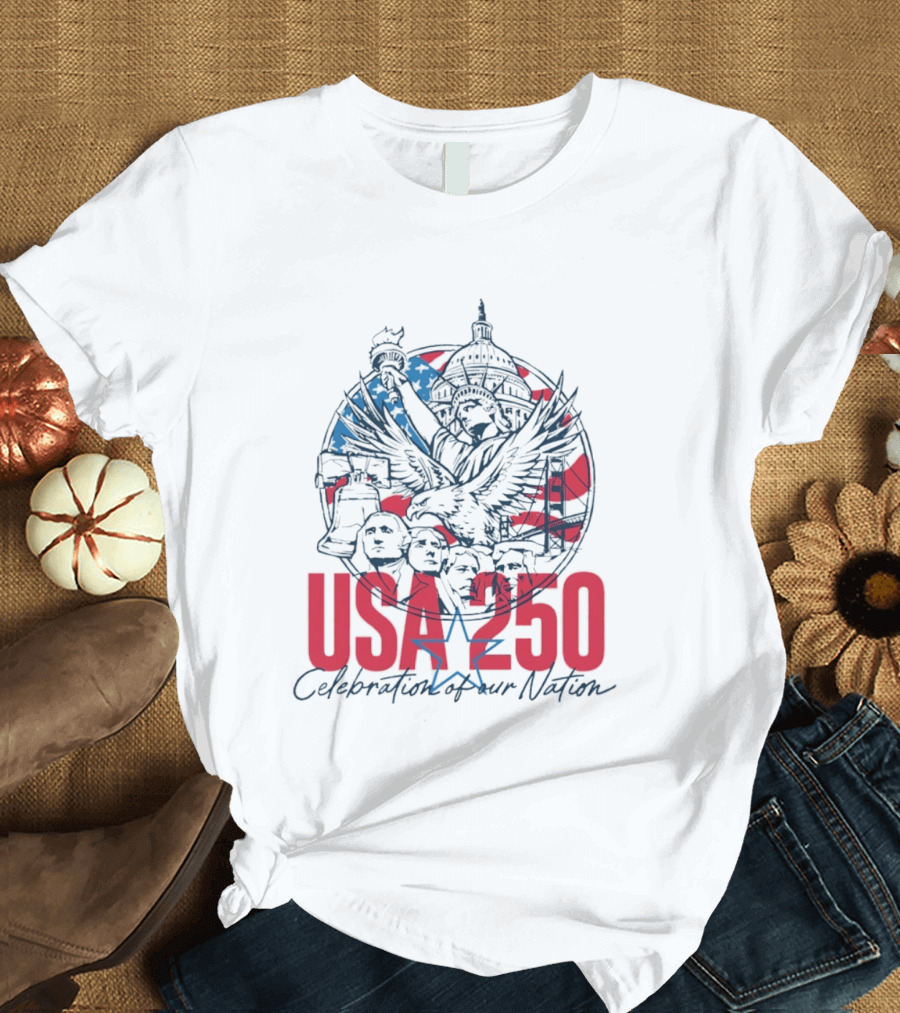 USA 250 Celebration Of Our Nation Symbols Liberty Capitol Eagle Mount Rushmore T-Shirt