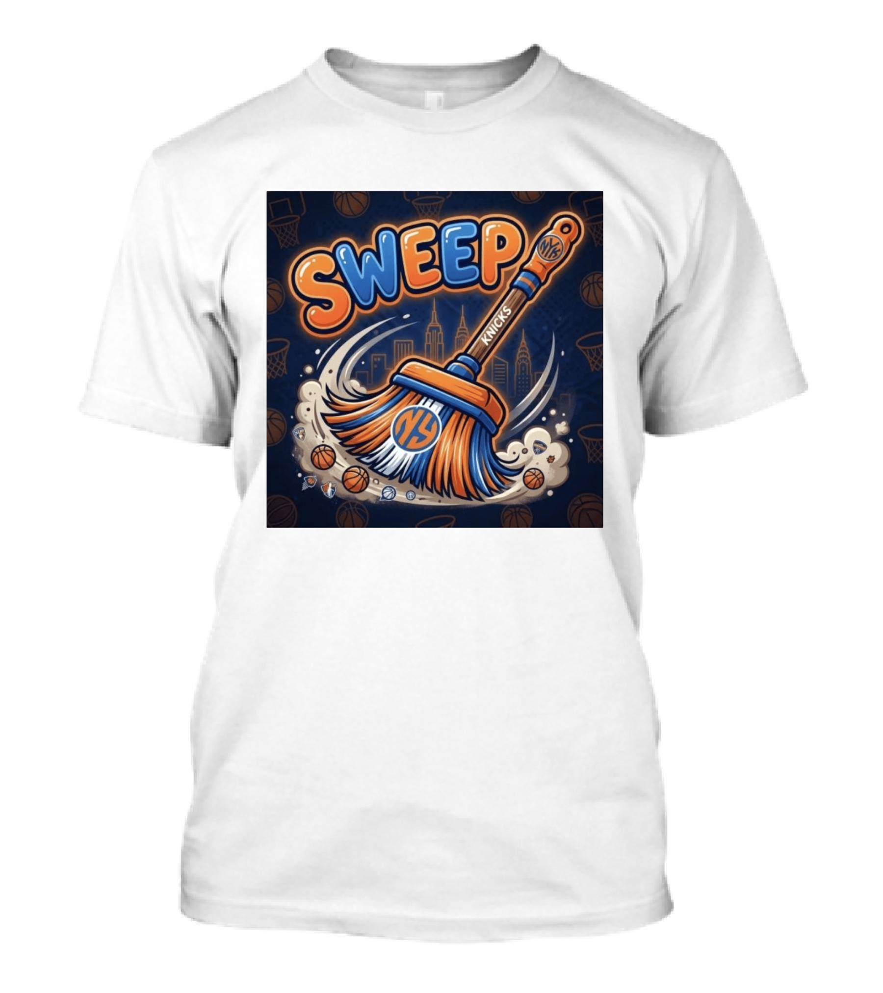 New York Knicks Sweep East Champs Basketball Skyline Broom T-Shirt