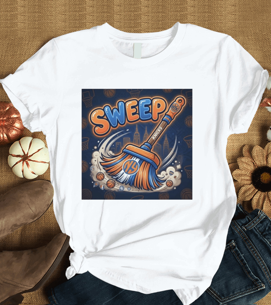 New York Knicks Sweep East Champs Basketball Skyline Broom T-Shirt