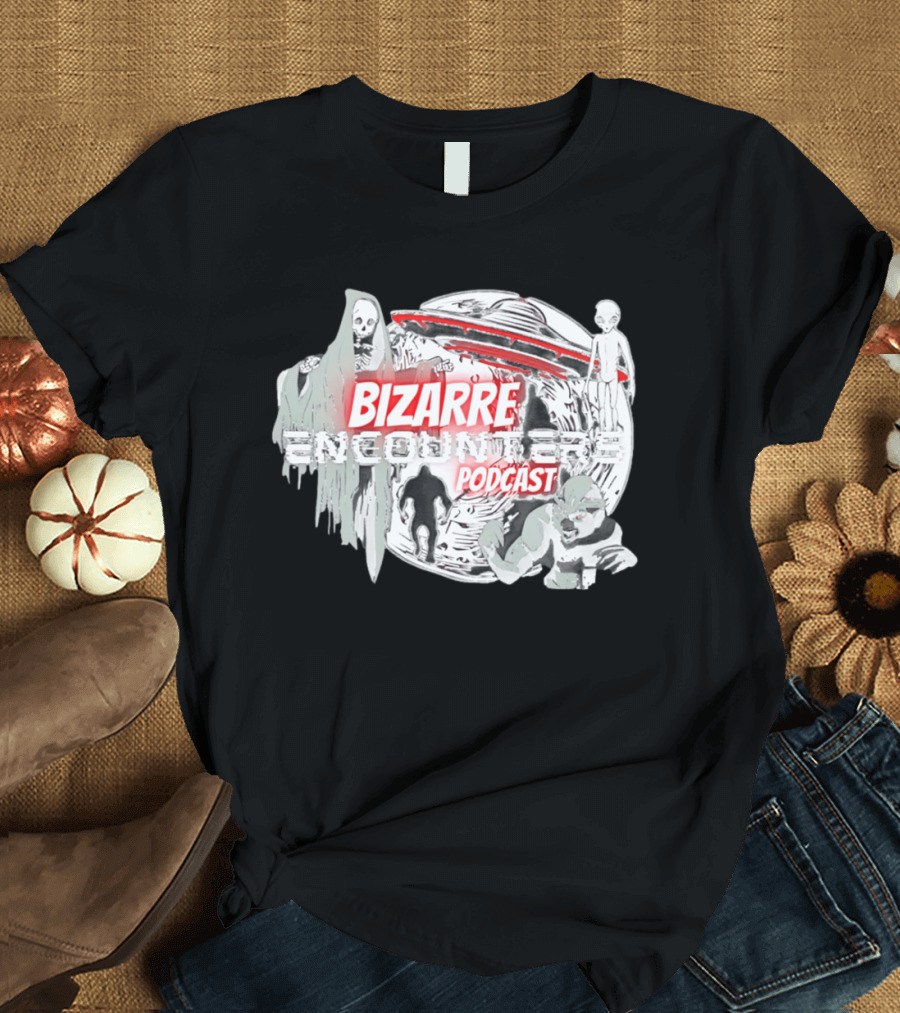 Bizarre Encounters Podcast UFO Aliens Skeletons Paranormal Illustrations T-Shirt