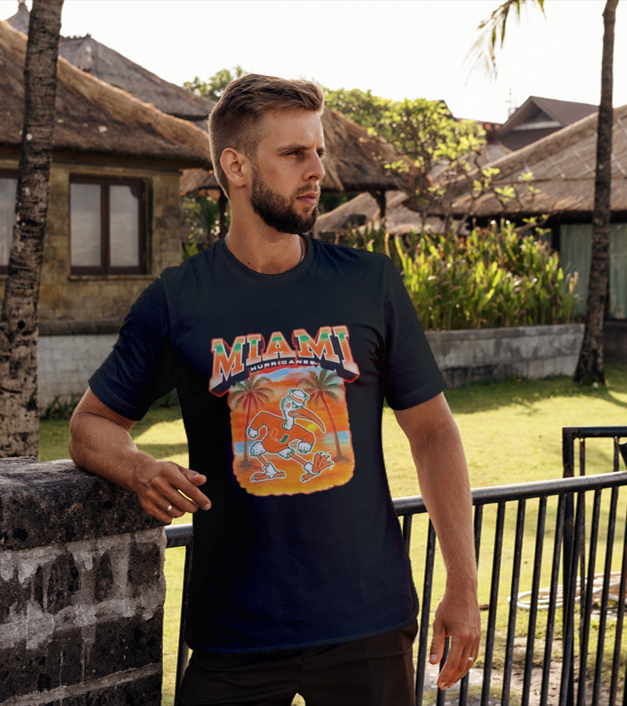 Miami Hurricanes Sebastian With Palm Trees And Sunset Beach Scene T-Shirt