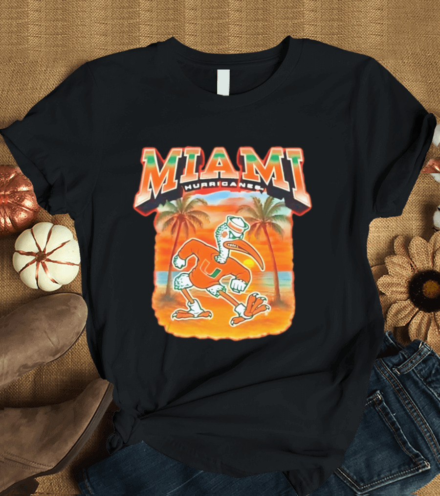 Miami Hurricanes Sebastian With Palm Trees And Sunset Beach Scene T-Shirt