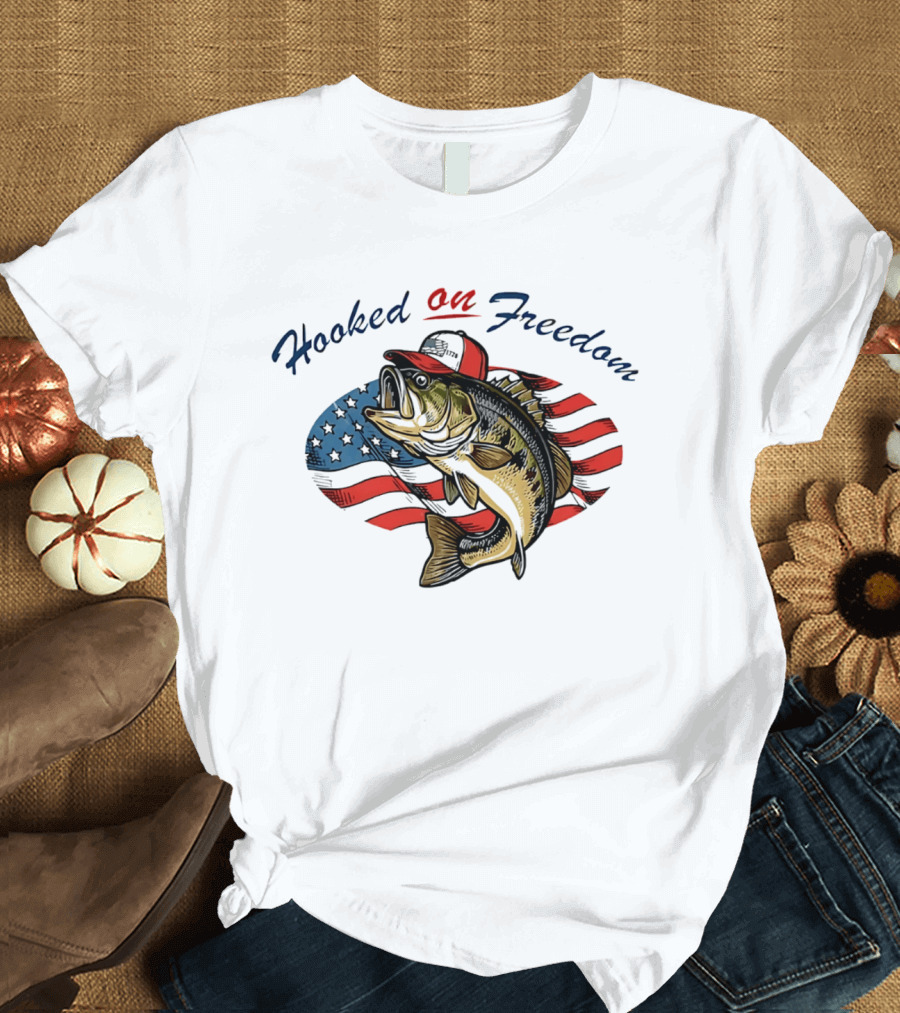 Hooked On Freedom Fish American Flag T-Shirt