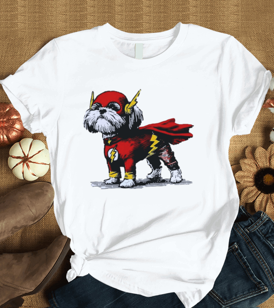 Shih Tzu Dog In The Flash Superhero Costume With Lightning Bolt T-Shirt