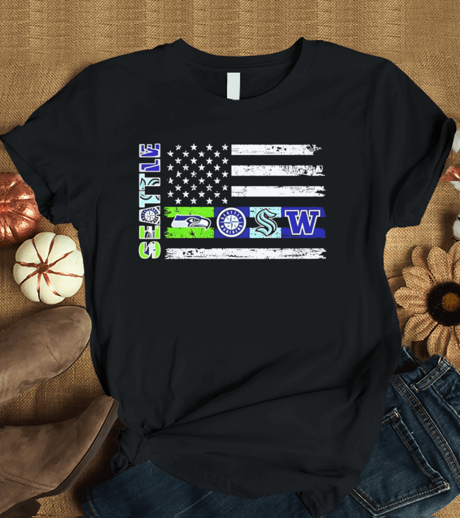 Seattle Seahawks Mariners Kraken Washington Flag T-Shirt