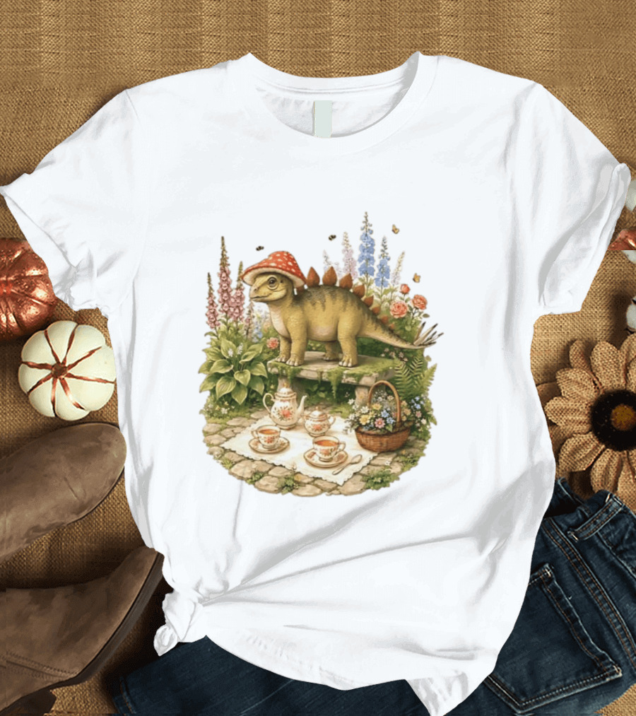 Baby Stegosaurus Wearing Red Mushroom Hat With Vintage Tea Party Garden Scene T-Shirt