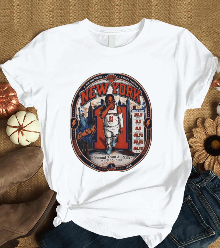 New York Knicks Jalen Brunson Second Team All NBA 2025 26 Season Stats T-Shirt