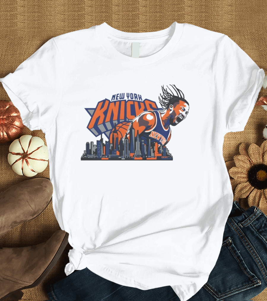 New York Knicks Jalen Brunson Skyline Celebration T-Shirt