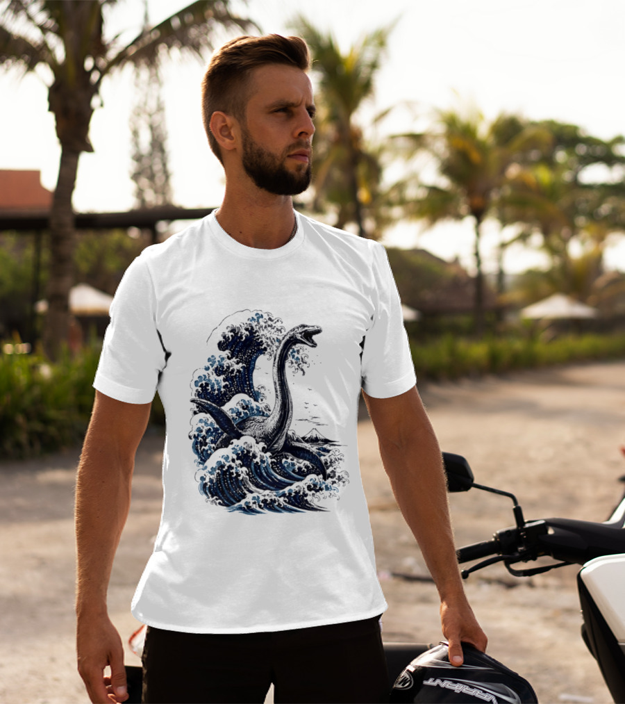 Great Wave Off Kanagawa Loch Ness Monster Mount Fuji Fusion T-Shirt