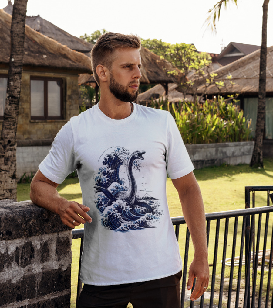 Great Wave Off Kanagawa Loch Ness Monster Mount Fuji Fusion T-Shirt