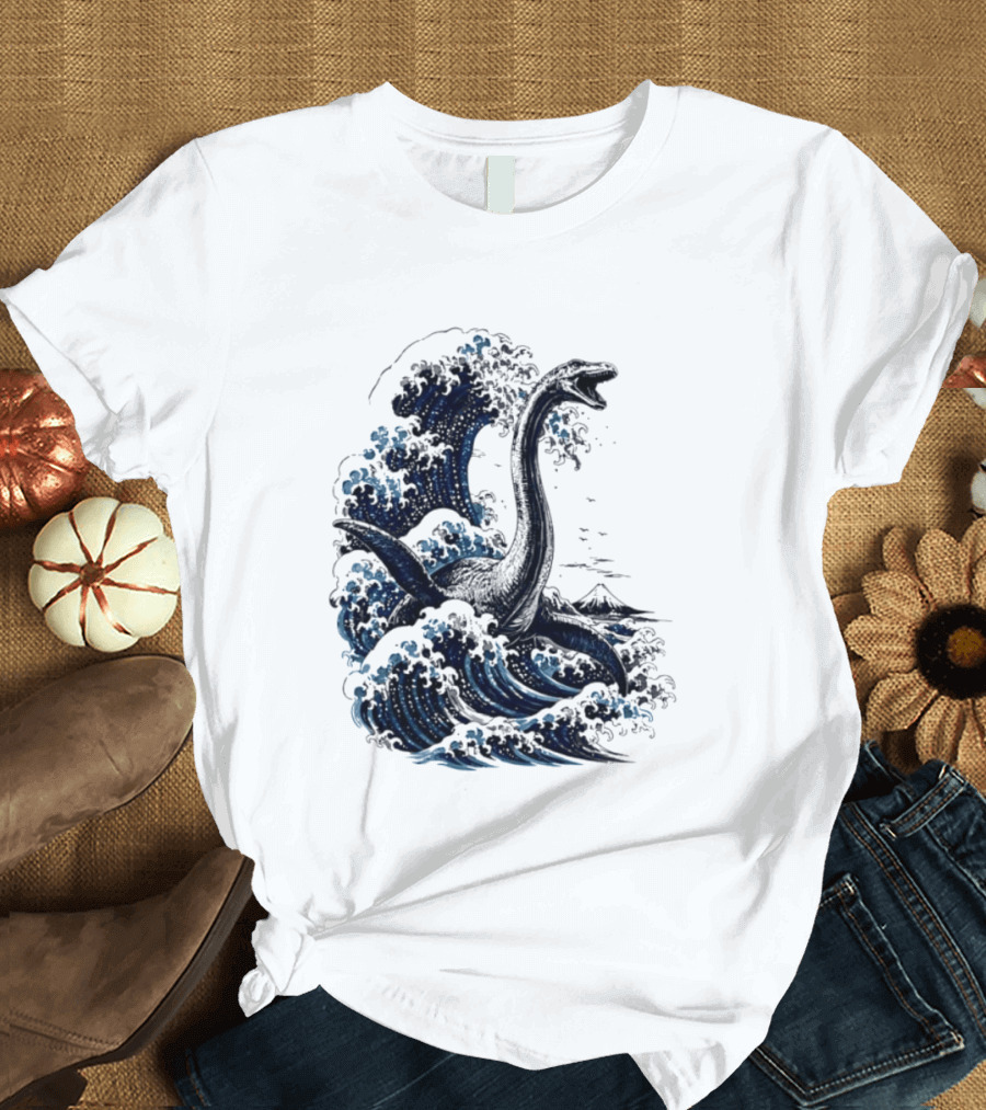 Great Wave Off Kanagawa Loch Ness Monster Mount Fuji Fusion T-Shirt