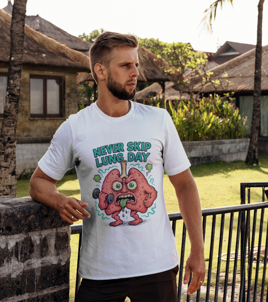 Never Skip Lung Day Funny Fitness Cartoon Lungs Lifting Weights T-Shirt