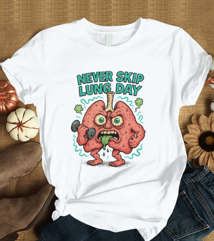 Never Skip Lung Day Funny Fitness Cartoon Lungs Lifting Weights T-Shirt