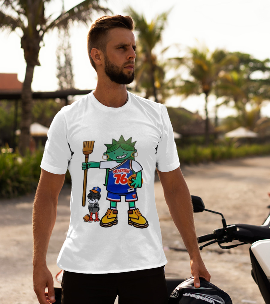 New York 76 Knicks Statue Liberty Broom Basketball 2024 T-Shirt