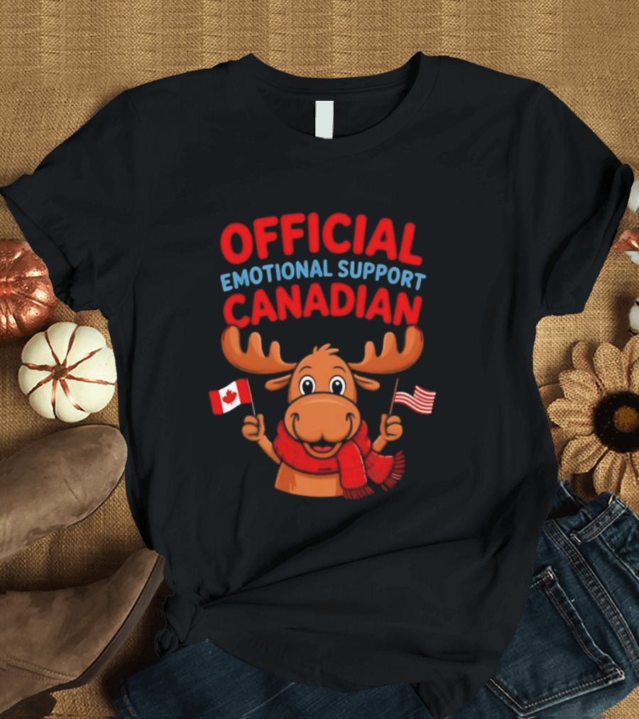 Official Emotional Support Canadian Moose With Canadian And American Flags T-Shirt