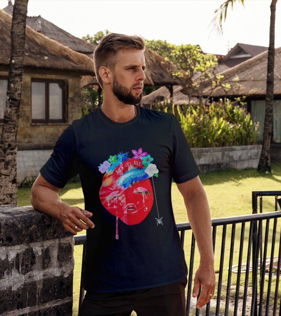 Jack Off Jill Clear Hearts Grey Flowers Crying Face With Colorful Floral Accents T-Shirt