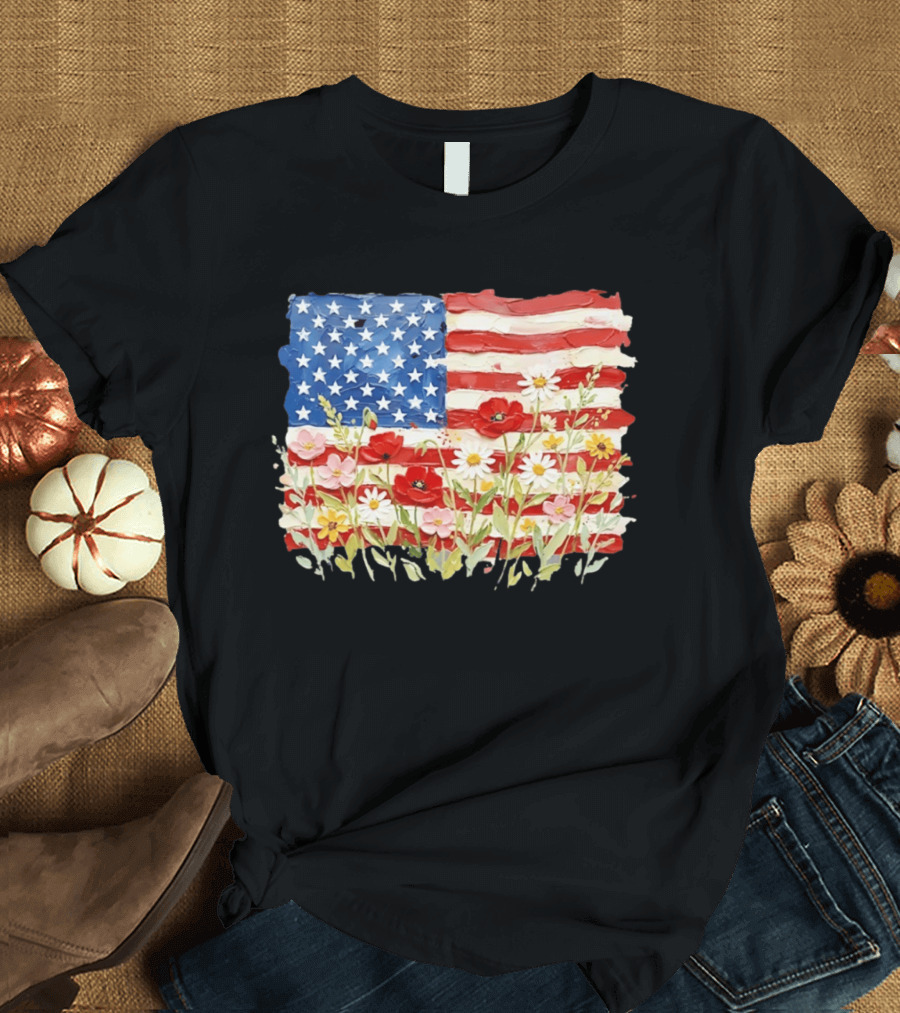 Floral American Flag With Impasto Texture And Flowers T-Shirt