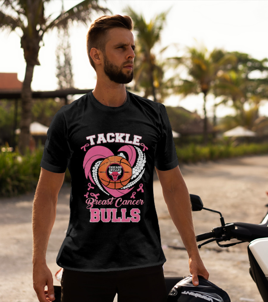 Tackle Breast Cancer Bulls Heart Pink Ribbons T-Shirt