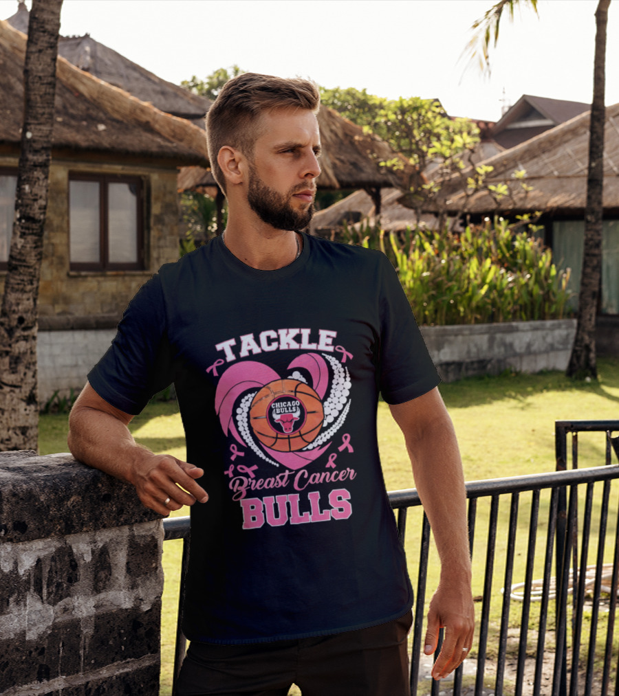 Tackle Breast Cancer Bulls Heart Pink Ribbons T-Shirt