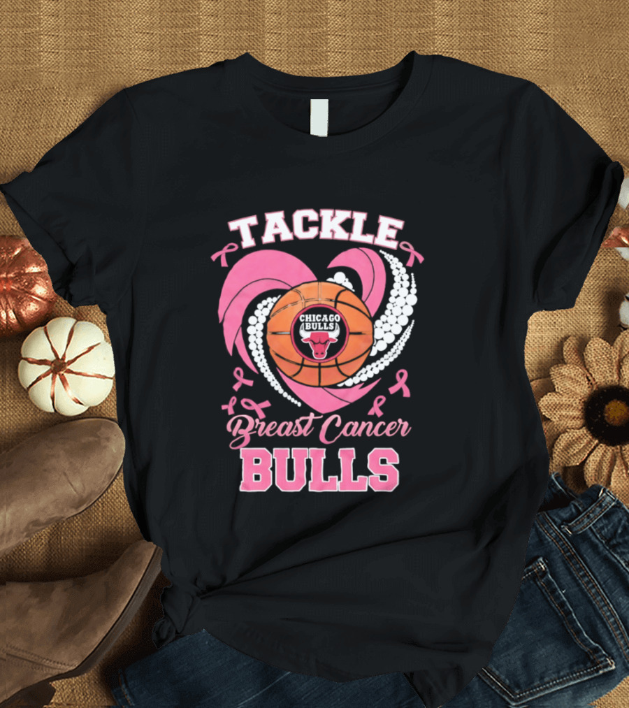Tackle Breast Cancer Bulls Heart Pink Ribbons T-Shirt