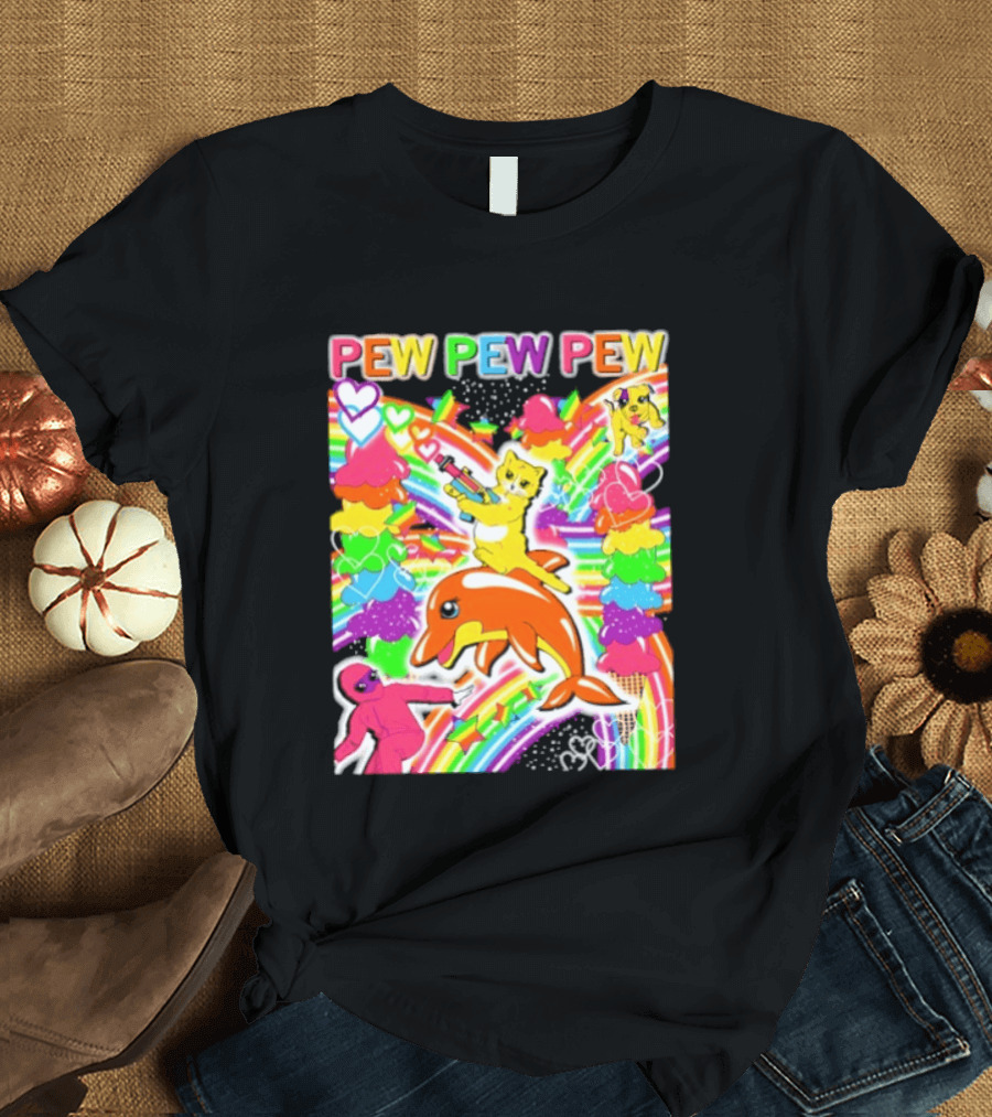 Pew Pew Pew Rainbow Pride Fun With Colorful Dolphins And Hearts T-Shirt