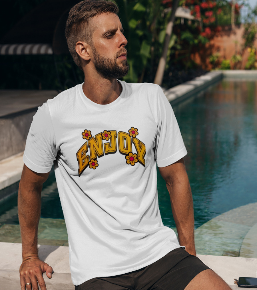 Enjoy Curved Flowers Yellow Font Floral Blossoms T-Shirt
