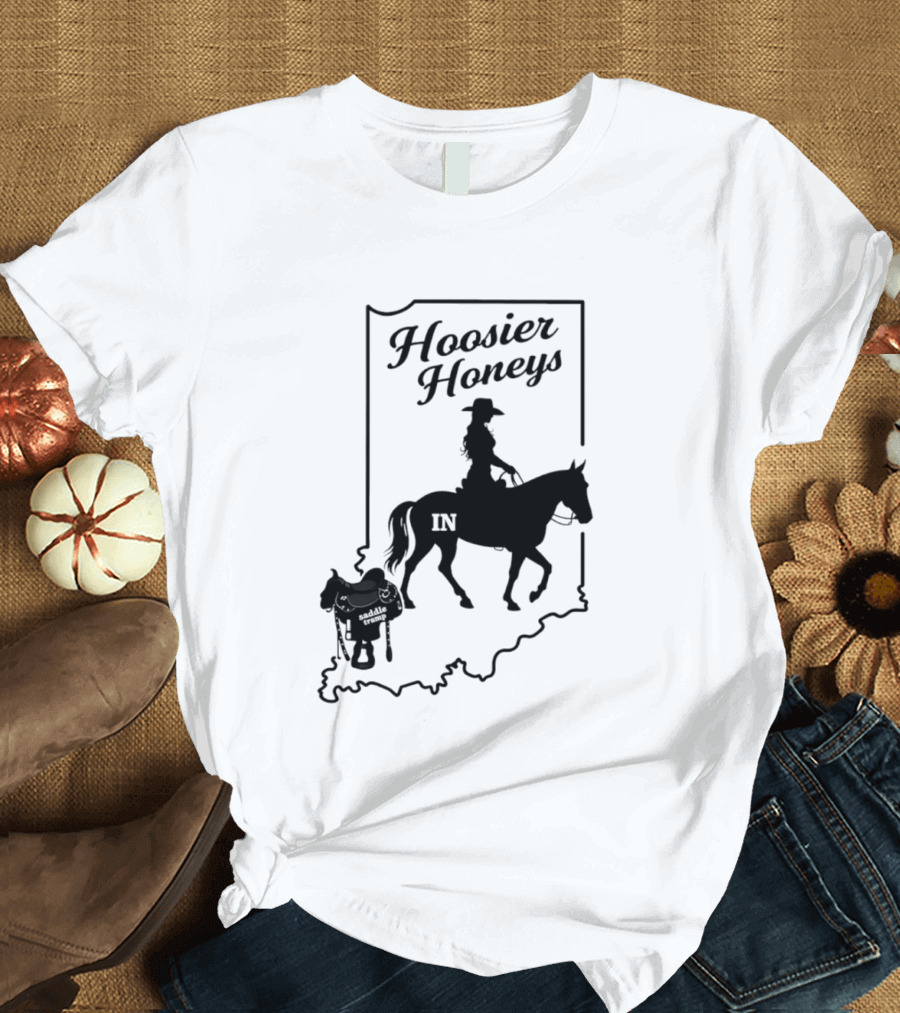 Hoosier Honeys Saddle Tramp Indiana State Map IN Horseback T-Shirt