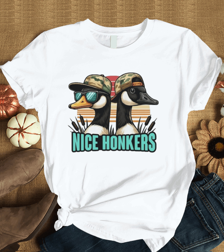Nice Honkers Duck Hunting Fathers Day Camouflage Hat Sunglasses T-Shirt