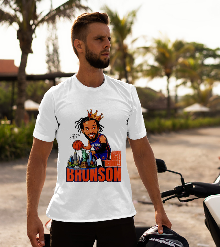 Jalen Brunson King Of NY Caricature With Statue Of Liberty And New York Skyline T-Shirt