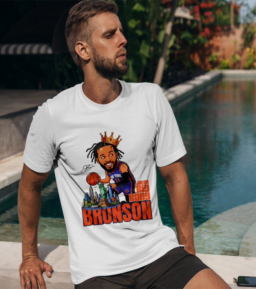 Jalen Brunson King Of NY Caricature With Statue Of Liberty And New York Skyline T-Shirt