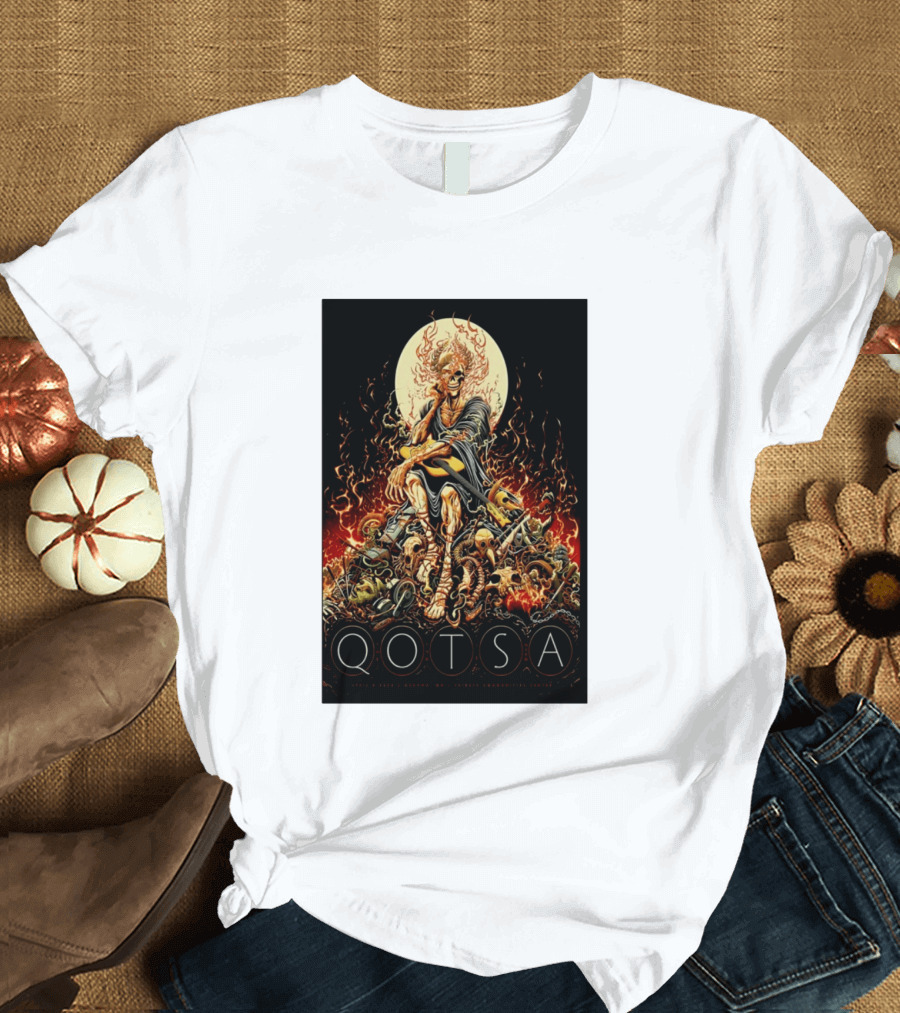 QOTSA April 8 2024 Calgary Communities Centre Flaming Skeleton Throne T-Shirt