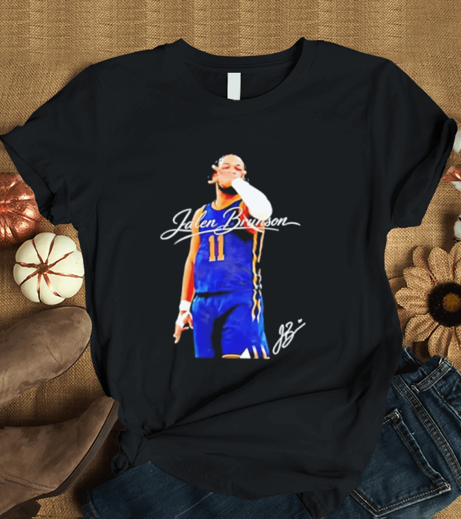 Jalen Brunson 11 Signature Gesture Basketball Blue Uniform T-Shirt