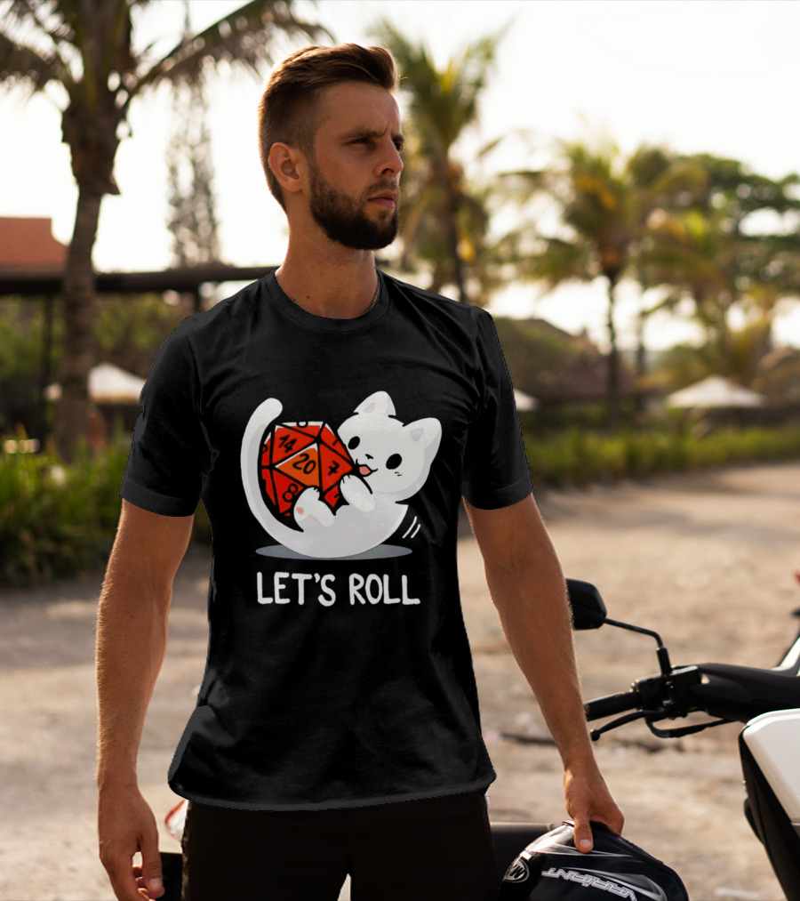 Let's Roll Cat Holding 20 Sided Die Dungeons And Dragons T-Shirt