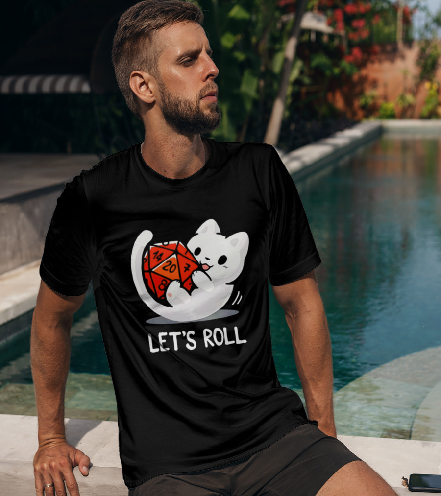 Let's Roll Cat Holding 20 Sided Die Dungeons And Dragons T-Shirt