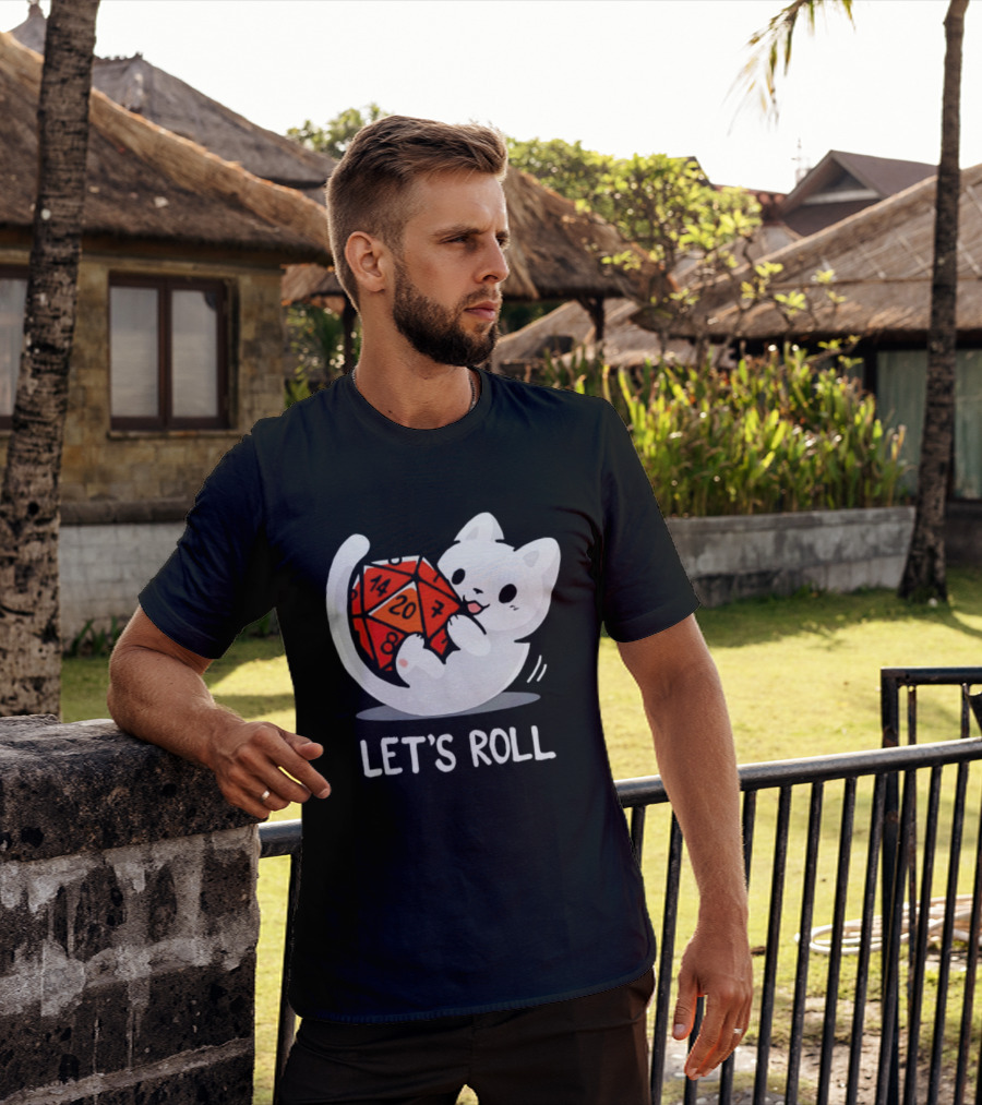 Let's Roll Cat Holding 20 Sided Die Dungeons And Dragons T-Shirt