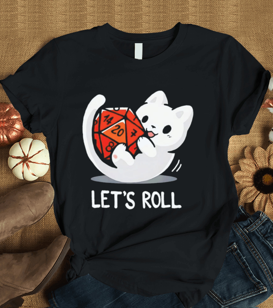 Let's Roll Cat Holding 20 Sided Die Dungeons And Dragons T-Shirt