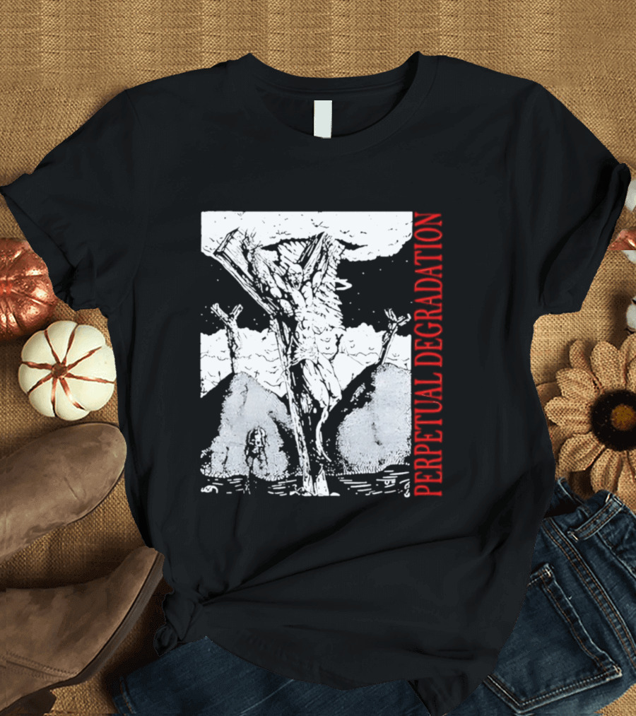 Perpetual Degradation Monster Crucifixion Skull Mountains Clouds T-Shirt