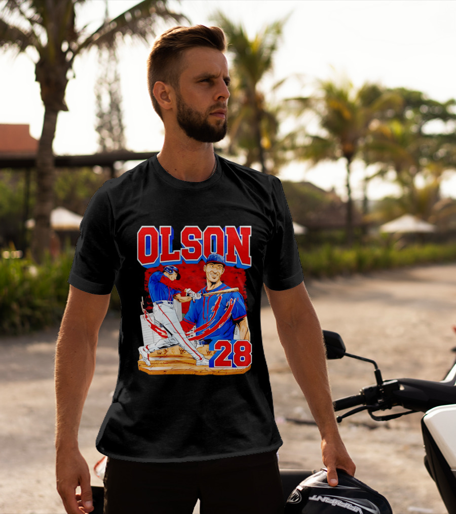 Olson 28 Baseball Player Blue And Red Hand Drawn T-Shirt