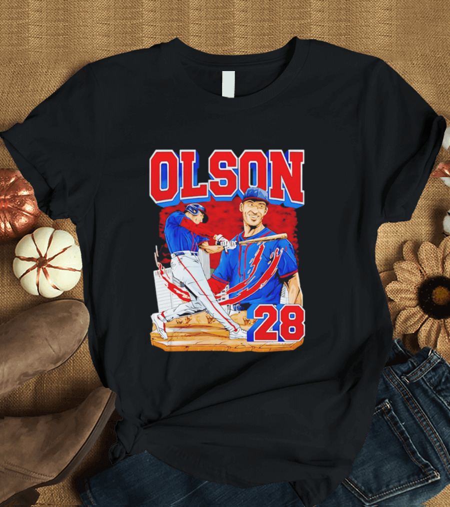 Olson 28 Baseball Player Blue And Red Hand Drawn T-Shirt