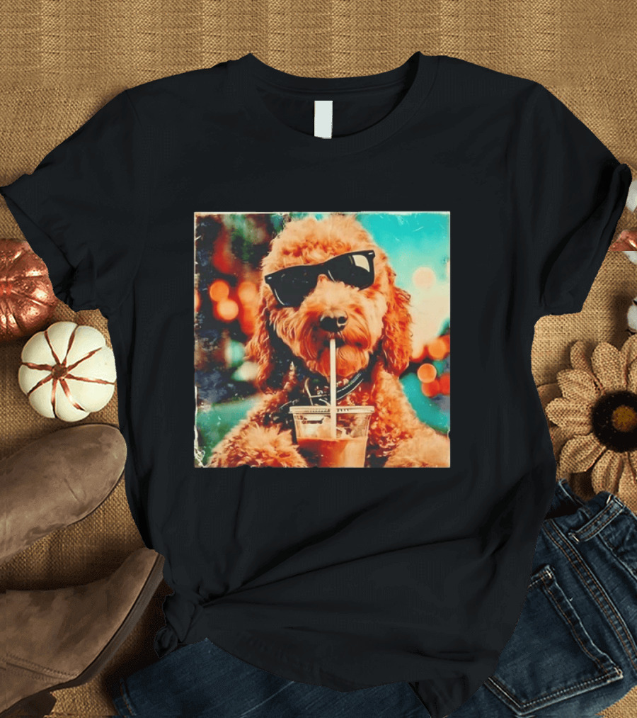 Goldendoodle With Sunglasses Enjoying Iced Coffee Retro Cool Vibes T-Shirt