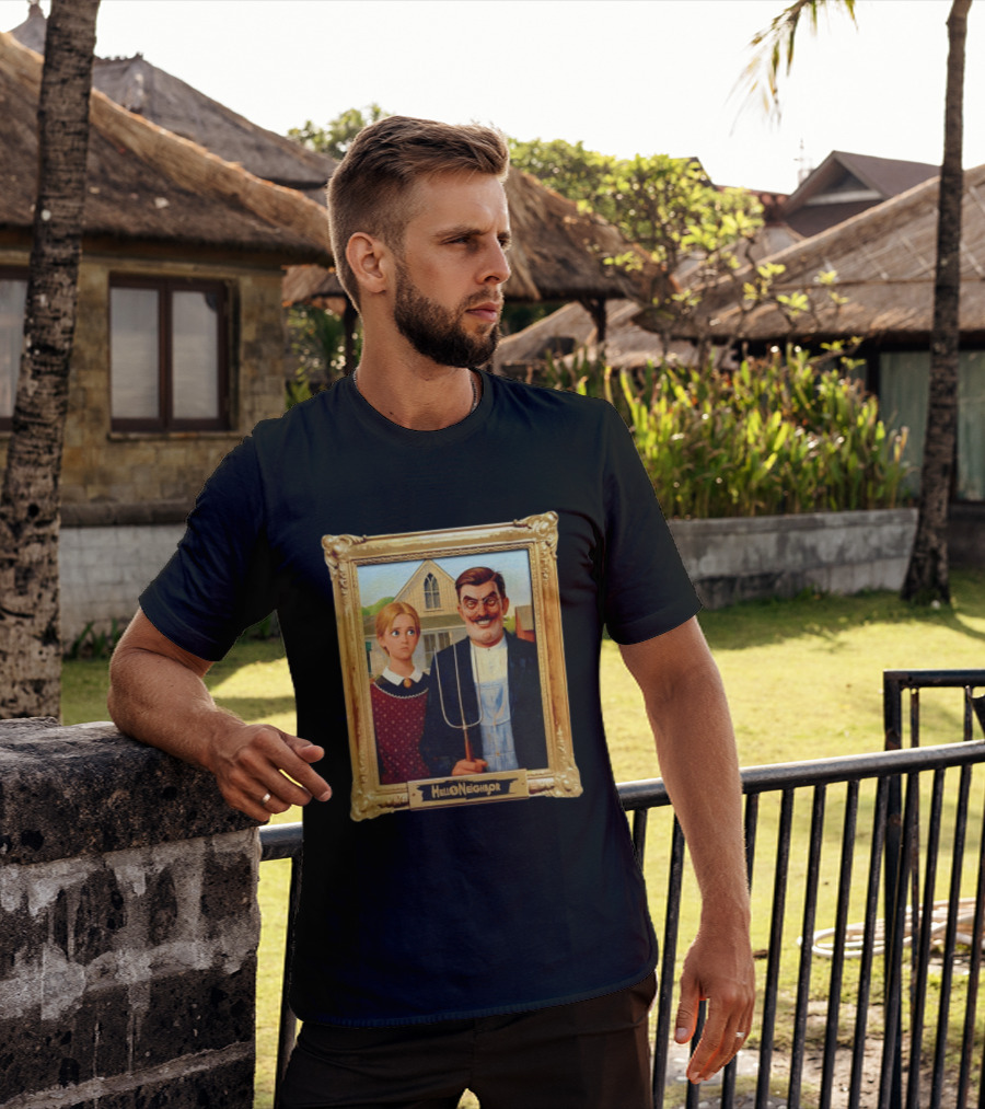Hello Neighbor American Gothic Man Pitchfork Girl Painting Frame T-Shirt