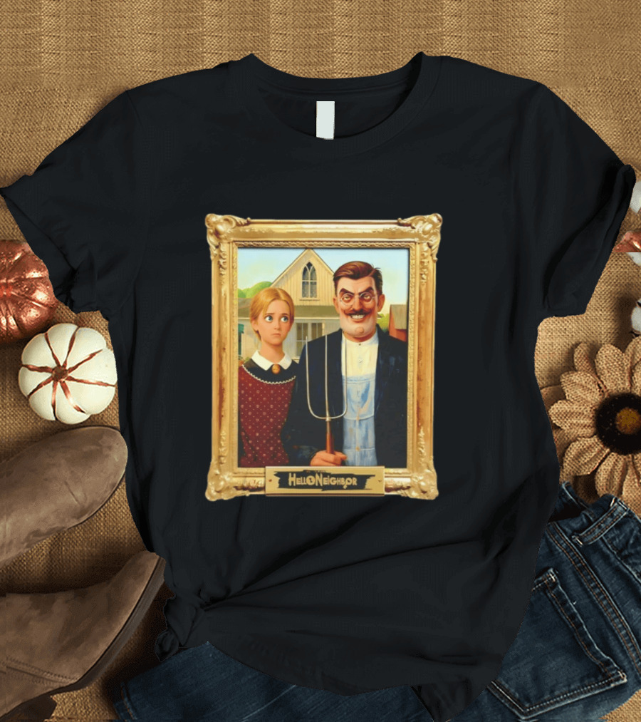 Hello Neighbor American Gothic Man Pitchfork Girl Painting Frame T-Shirt