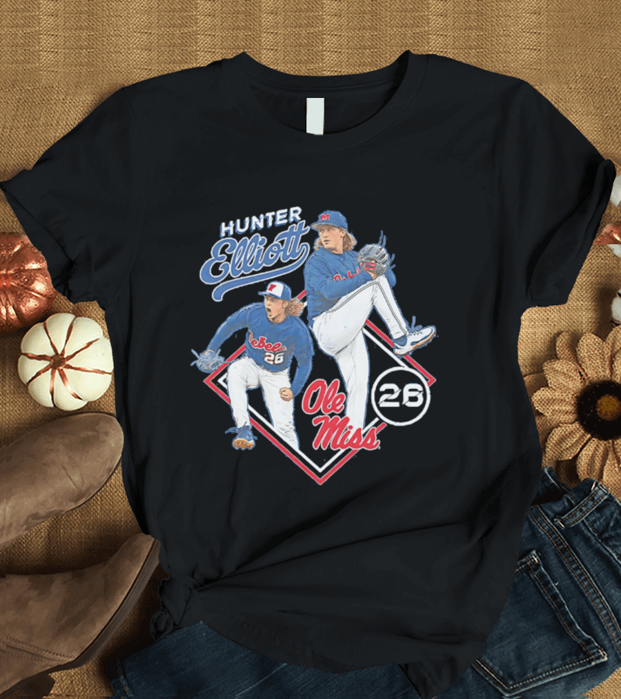 Hunter Elliott Ole Miss Rebels Baseball Pitcher 26 T-Shirt