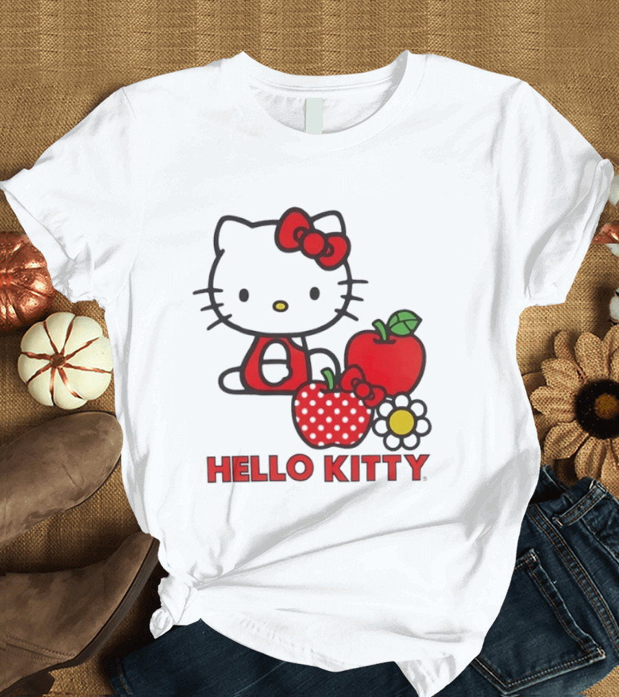 Hello Kitty Sanrio With Apples Strawberry And Flower T-Shirt