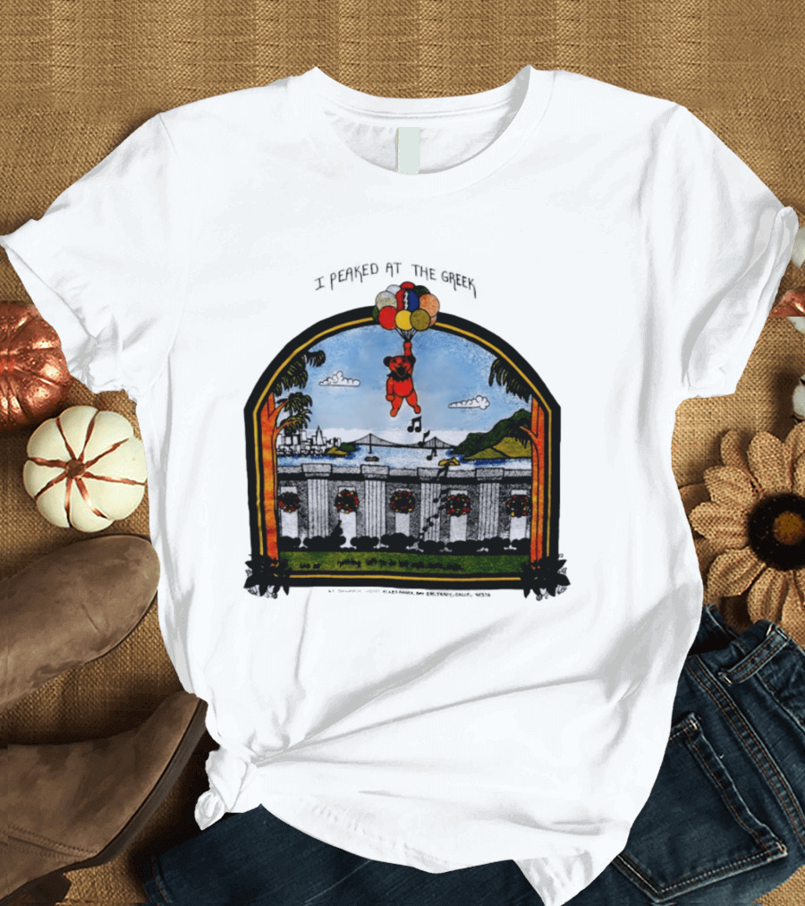 I Peaked At The Greek Grateful Dead 1985 Bear Balloons Musical Notes T-Shirt