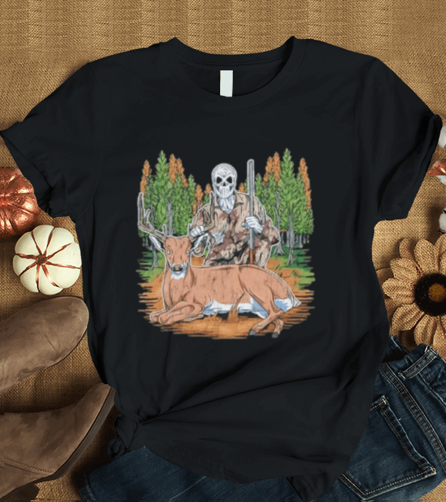 Skeleton Deer Hunting Skull Mask Camouflage Forest Scene T-Shirt