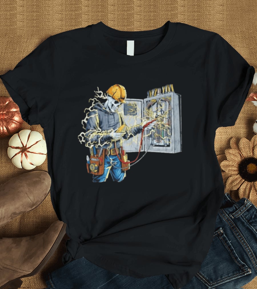 Skeleton Electrician Hard Hat Voltage Sparks T-Shirt