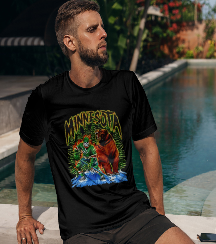 Minnesota Wild Hockey Skeleton Bear Forest Fire T-Shirt